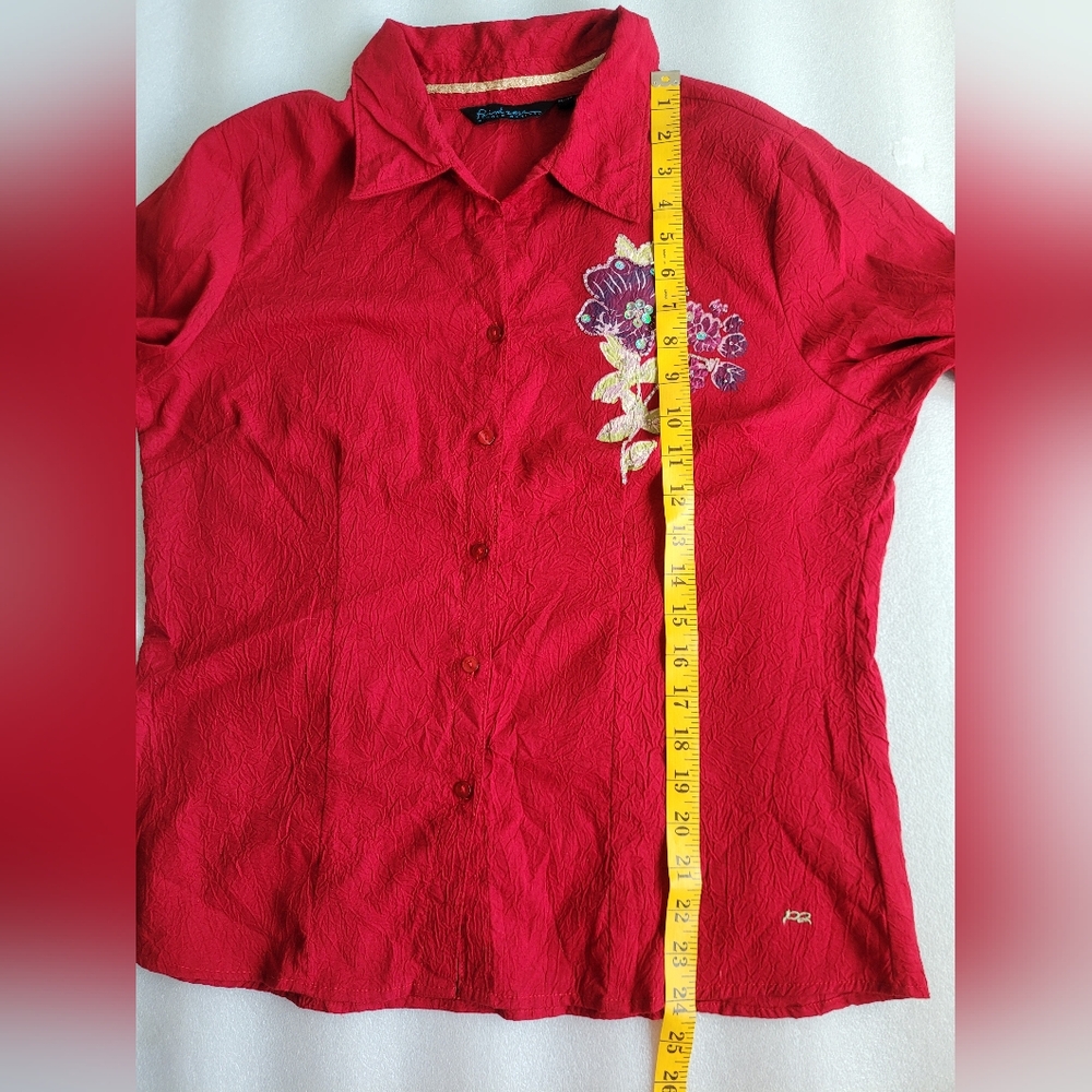 90s Y2K Point Zero Floral Applique Beaded Blouse Red Crinkle Large - Picture 14 of 14